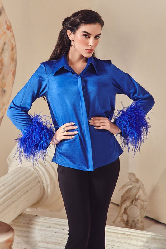 Blue Satin Shirt With Fur